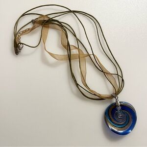 Blue Gold Swirl Hand Blown Glass Pendant Necklace